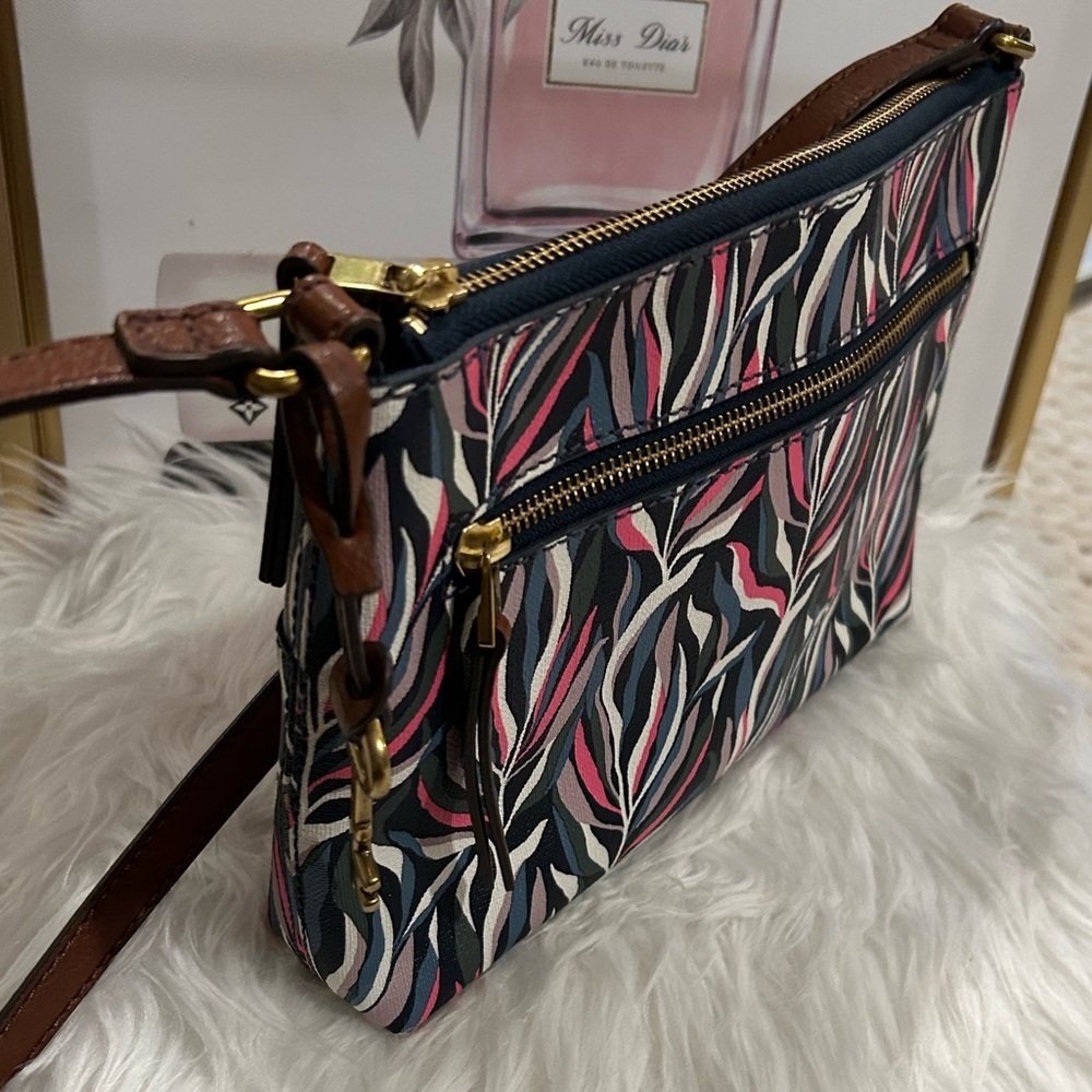 Fossil Multicolor Floral Print Leather Trim Crossbody Shoulder Bag boho - Picture 13 of 15